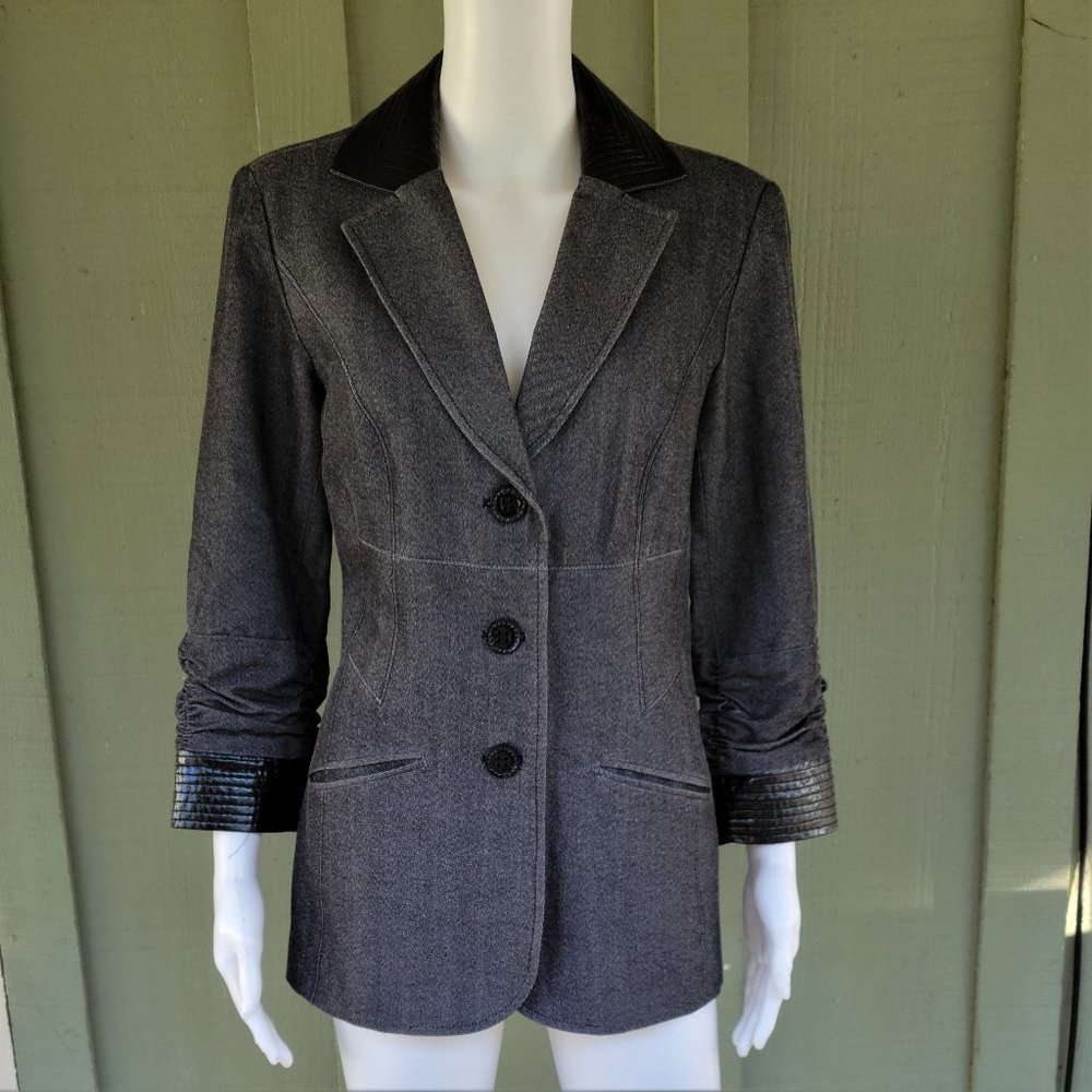 ANTHRACITE Gray Denim Patent Black Trim Jacket Blazer 10